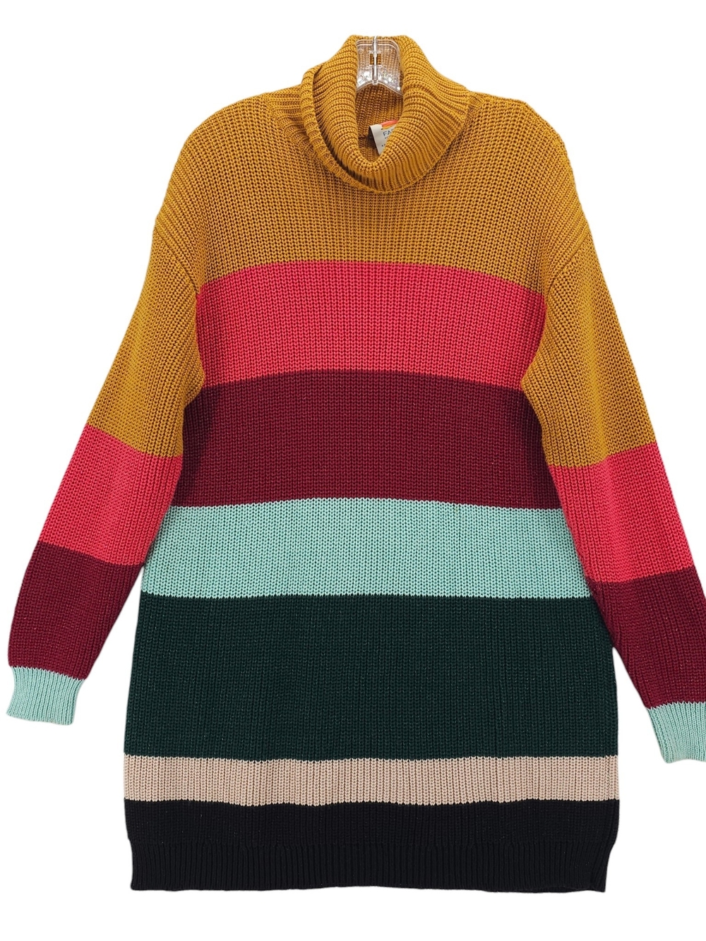 Anthropologie Striped Turtleneck Sweater Dress in Mustard, Pink & Teal